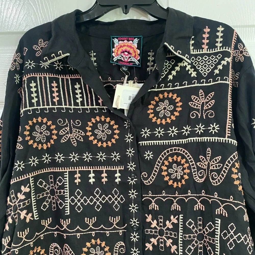 Johnny Was Faye Relaxed Linen Button Down Embroidered Shirt Lagenlook Size L - Picture 5 of 15